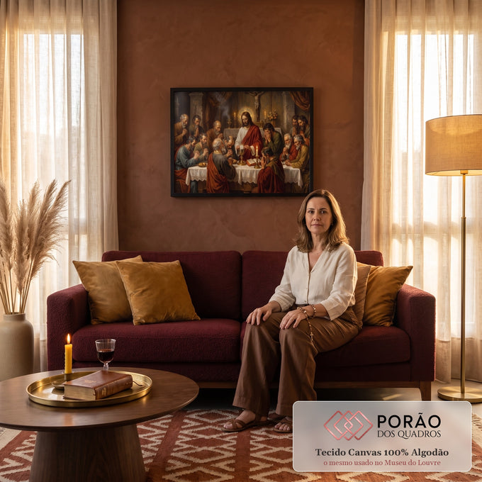 Jesus com auréola elevando hóstia sobre cálice dourado entre apóstolos orando na Santa Ceia quadro decorativo
