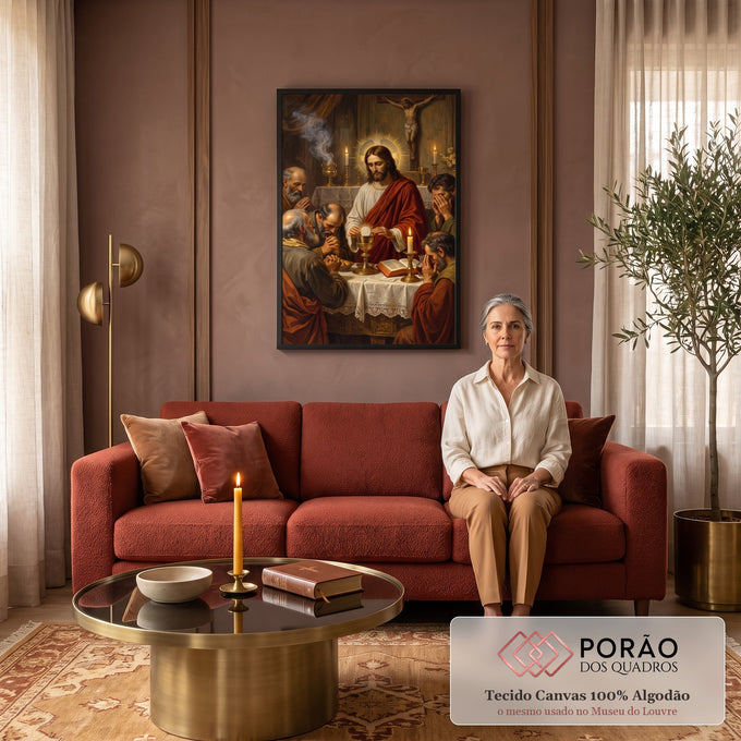 Quadro Decorativo Grande Jesus Consagrando para Sala Dourado | quadros decorativos para sala de estar | Jesus consagrando hóstia sobre cálice dourado cercado por apóstolos em oração | em ambiente 3 | Porao dos Quadros