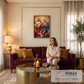 Quadro Decorativo Sagrados Corações de Jesus e Maria Dourado | quadros decorativos para sala de estar | Jesus e Nossa Senhora com corações sagrados flamejantes e auréolas douradas | em ambiente 3 | Porao dos Quadros