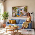 Quadro Decorativo Grande Fachada Mediterrânea para Sala | quadros decorativos para sala de estar | fachada branca com porta azul, limoeiros, bicicleta amarela e gato ruivo na calçada | em ambiente 3 | Porao dos Quadros