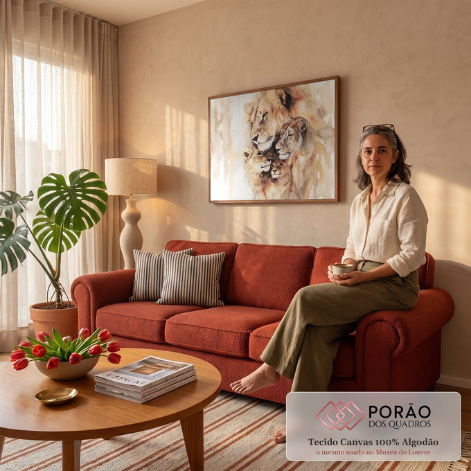 Quadro Decorativo Grande Família de Leões Bege para Sala | quadros decorativos para sala de estar | família de leões em aquarela sépia com macho, fêmea e dois filhotes aconchegados | em ambiente 3 | Porao dos Quadros