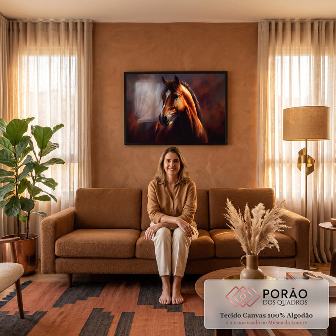 Quadro Decorativo Grande Cavalo Luz Dourada para Sala Marrom | quadros decorativos para sala de estar | retrato de cavalo castanho com mancha branca no focinho e luz dourada lateral | em ambiente 3 | Porao dos Quadros