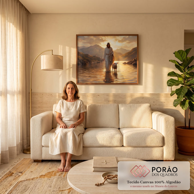 Quadro Decorativo Grande Jesus Entardecer para Sala Branco | quadros decorativos para sala de estar | Jesus caminhando com uma ovelha em um lago ao pôr do sol | em ambiente 3 | Porao dos Quadros