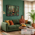 Quadro Decorativo Grande Mona Lisa Verde para Sala | quadros decorativos para sala de estar | retrato estilo Mona Lisa cercado por folhagens tropicais verdes e flores coloridas | em ambiente 3 | Porao dos Quadros