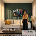 Quadro Decorativo Vila Cubista com Rosto Estilizado | quadros decorativos para sala de estar | vila cubista com casas brancas, caminho geométrico e rosto estilizado em vermelho e bege | em ambiente 3 | Porao dos Quadros