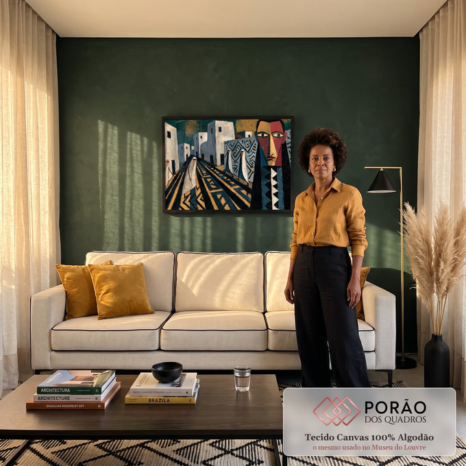Quadro Decorativo Vila Cubista com Rosto Estilizado | quadros decorativos para sala de estar | vila cubista com casas brancas, caminho geométrico e rosto estilizado em vermelho e bege | em ambiente 3 | Porao dos Quadros