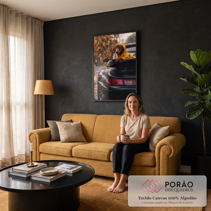 Cachorro salsicha de capa amarela no Porsche preto molhado de chuva, outono ao fundo, quadro decorativo