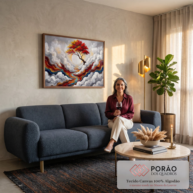 Árvore de copa vermelha diante de sol branco, nuvens cinzas em relevo e rio colorido, quadro decorativo