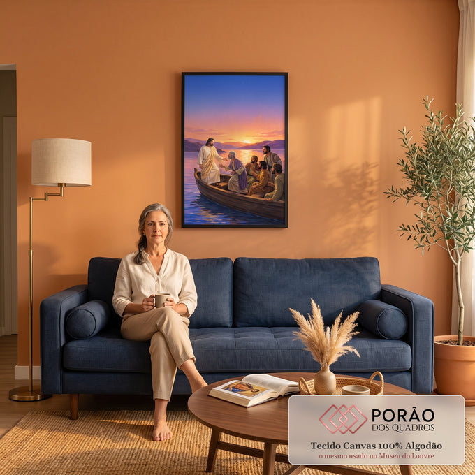 Quadro Decorativo Grande Jesus Caminhando para Sala Laranja | quadros decorativos para sala de estar | Jesus em pé num barco com discípulos ao pôr do sol sobre um lago | em ambiente 3 | Porao dos Quadros