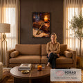 Quadro Decorativo Grande Chave Dourada para Escritório | quadros decorativos para sala de estar | chave dourada ornamentada sobre livro antigo de couro com vela acesa | em ambiente 3 | Porao dos Quadros