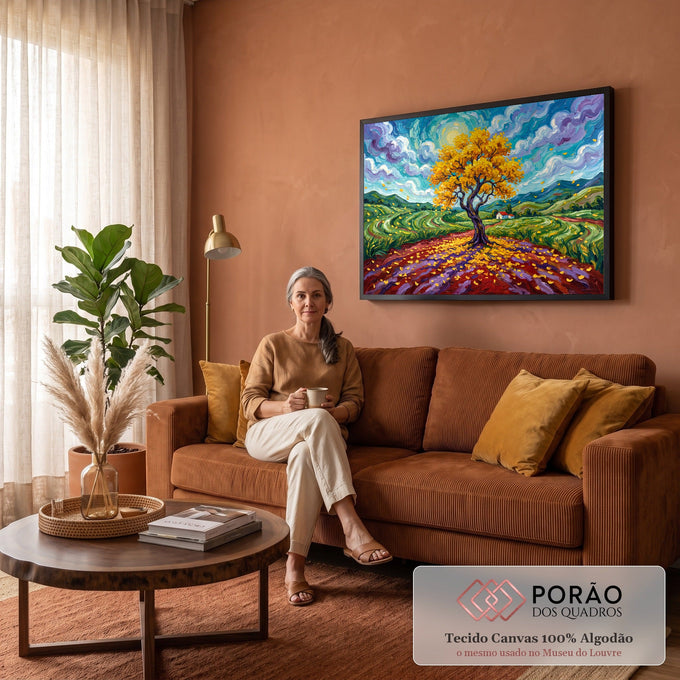 Quadro Decorativo Grande Árvore Dourada para Sala Amarelo | quadros decorativos para sala de estar | árvore de folhas douradas sob céu azul e roxo em espiral, estilo impressionista | em ambiente 3 | Porao dos Quadros