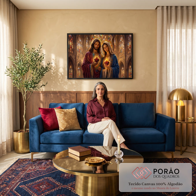 Jesus e Maria segurando corações sagrados em chamas em catedral gótica com vitrais, quadro decorativo