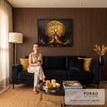 Quadro Decorativo Grande Árvore Dourada Contraste para Sala | quadros decorativos para sala de estar | árvore dourada brilhante com galhos entrelaçados sobre fundo preto profundo | em ambiente 3 | Porao dos Quadros