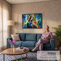 Virgem Maria com Menino Jesus no colo em arte geométrica cubista azul, laranja e dourada, quadro decorativo