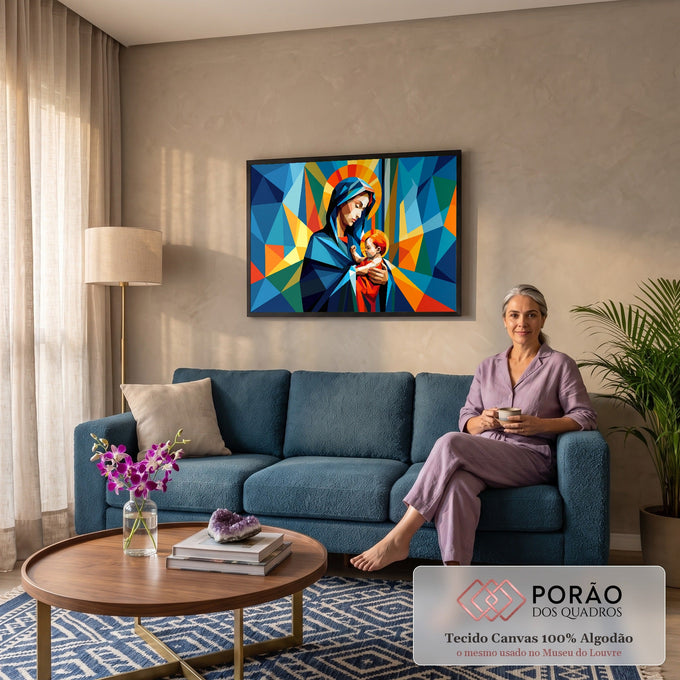 Virgem Maria com Menino Jesus no colo em arte geométrica cubista azul, laranja e dourada, quadro decorativo