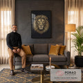 Rosto de leão frontal em traços finos dourados estilo gravura sobre fundo preto, quadro decorativo