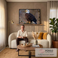 Quadro Decorativo Águia Americana de Cabeça Branca em Galho | quadros decorativos para sala de estar | águia-de-cabeça-branca empoleirada em galho seco com fundo desfocado | em ambiente 3 | Porao dos Quadros