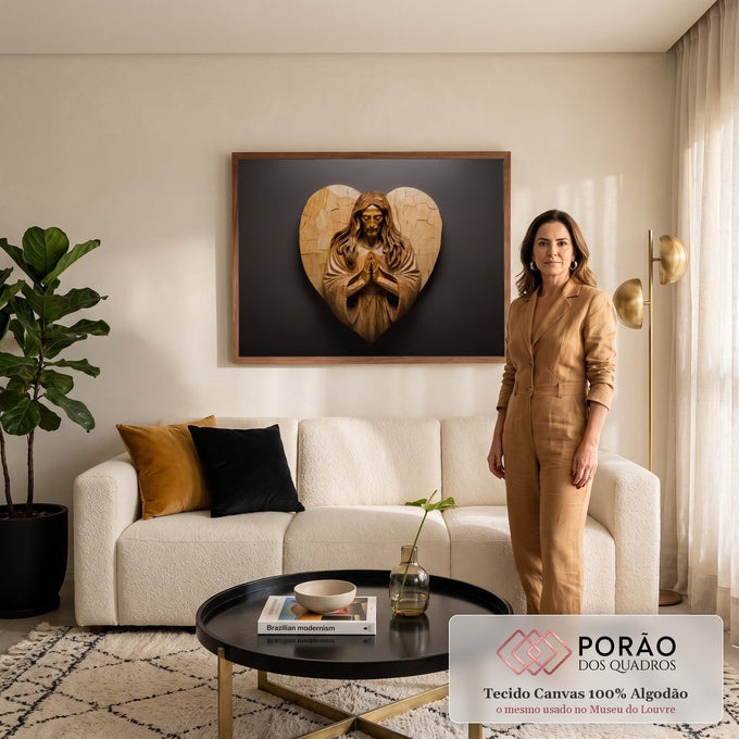Quadro Decorativo Grande Jesus Madeira Entalhada para Sala | quadros decorativos para sala de estar | entalhe em madeira de Jesus em oração dentro de formato de coração | em ambiente 3 | Porao dos Quadros