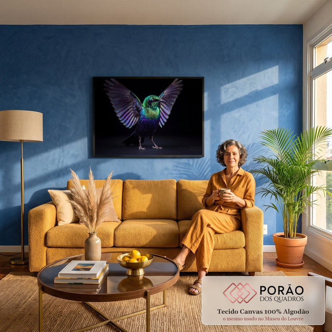 Pássaro de penas iridescentes verde e roxo com asas abertas sobre fundo preto, quadro decorativo