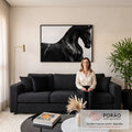 Quadro Decorativo Grande Cavalo em Movimento para Sala Preto | quadros decorativos para sala de estar | cavalo preto em close com crina ao vento sobre fundo branco | em ambiente 3 | Porao dos Quadros