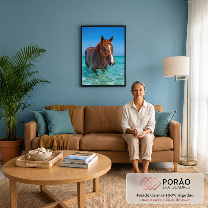 Cavalo alazão com cabresto laranja dentro do mar turquesa sob céu azul, quadro decorativo