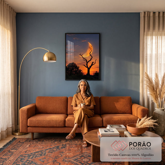 Lua crescente dourada gigante atrás de árvore seca em silhueta no céu laranja do pôr do sol, quadro decorativo