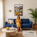 Cestas de limões, vasos de cerâmica azul e scooter amarela diante da vila de Positano, quadro decorativo