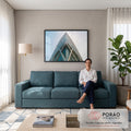 Arranha-céu de vidro visto de baixo com estrutura diagonal em X sob céu azul claro, quadro decorativo