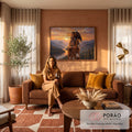 Quadro Decorativo Grande Mulher Indígena Águia para Sala | quadros decorativos para sala de estar | mulher indígena com roupas de couro e águia pousada no ombro ao pôr do sol nas montanhas | em ambiente 3 | Porao dos Quadros