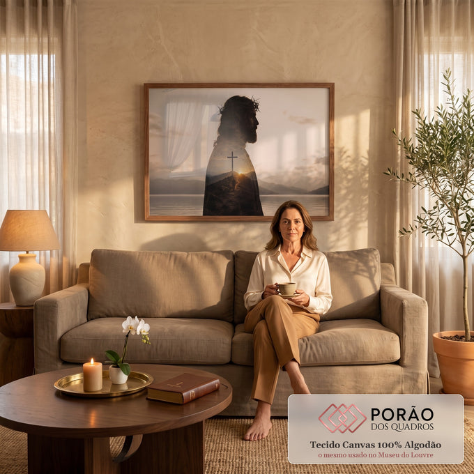 Quadro Decorativo Grande Jesus para Sala Bege | quadros decorativos para sala de estar | silhueta de Jesus com coroa de espinhos e cena de cruz ao pôr do sol sobreposta | em ambiente 3 | Porao dos Quadros