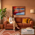 Quadro Decorativo Grande Canoa Vermelha Vermelho para Sala | quadros decorativos para sala de estar | canoa vermelha vazia sobre lago calmo com reflexo de árvores de outono coloridas | em ambiente 3 | Porao dos Quadros