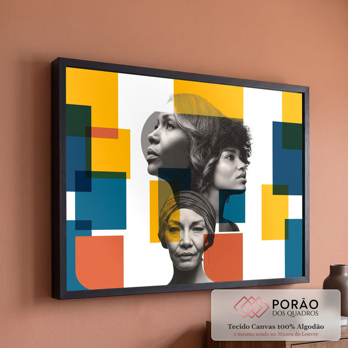 Quadro Decorativo Grande Retratos Femininos para Sala | quadros decorativos para sala de estar | três retratos femininos em preto e branco com blocos geométricos coloridos sobrepostos | em ambiente 3 | Porao dos Quadros