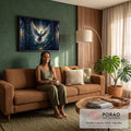Quadro Decorativo Grande Pomba Branca para Sala Azul | quadros decorativos para sala de estar | pomba branca de asas abertas voando entre cristais e vitrais coloridos de catedral | em ambiente 3 | Porao dos Quadros