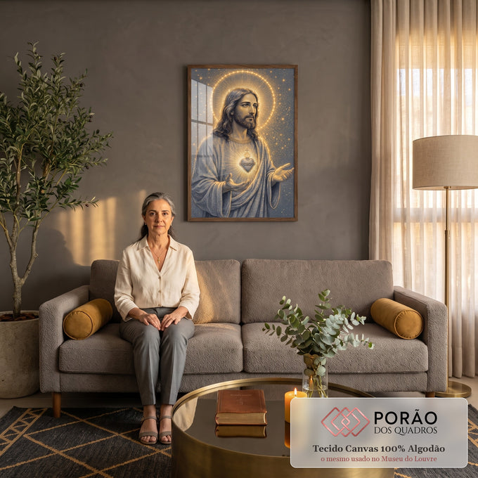 Quadro Decorativo Grande Sagrado Coração Estrelas para Sala | quadros decorativos para sala de estar | Jesus Cristo com Sagrado Coração dourado e halo de estrelas sobre fundo escuro | em ambiente 3 | Porao dos Quadros