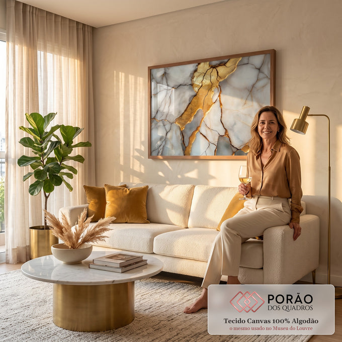 Quadro Decorativo Grande Mármore com Veios para Sala Branco | quadros decorativos para sala de estar | textura de mármore branco com rachaduras preenchidas por dourado metálico | em ambiente 3 | Porao dos Quadros