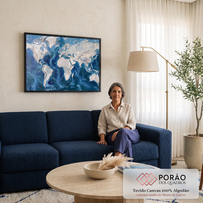 Quadro Decorativo Grande Mapa Mundi Sala para Sala Azul | quadros decorativos para sala de estar | mapa-múndi em relevo texturizado com continentes brancos e oceano em tons de azul | em ambiente 3 | Porao dos Quadros