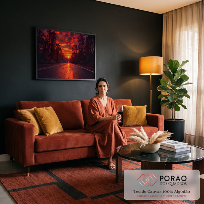 Estrada molhada entre árvores rumo ao sol no horizonte sob céu vermelho em chamas, quadro decorativo