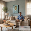 Quadro Decorativo Grande Autorretrato de van para Sala Azul | quadros decorativos para sala de estar | autorretrato de homem com barba ruiva e fundo azul em espirais | em ambiente 3 | Porao dos Quadros
