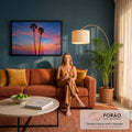 Quadro Decorativo Grande Duas Palmeiras Laranja para Sala | quadros decorativos para sala de estar | silhueta de duas palmeiras com pôr do sol laranja e rosa sobre o mar | em ambiente 3 | Porao dos Quadros
