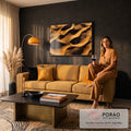 Quadro Decorativo Grande Paisagem para Sala Dourado | quadros decorativos para sala de estar | vista aérea de dunas douradas com caravana de camelos atravessando o deserto | em ambiente 3 | Porao dos Quadros