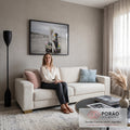 Quadro Decorativo Grande Mulher e Ave para Sala Branco | quadros decorativos para sala de estar | mulher de terno branco ao lado de ave surreal de óculos sobre carro antigo na praia | em ambiente 3 | Porao dos Quadros