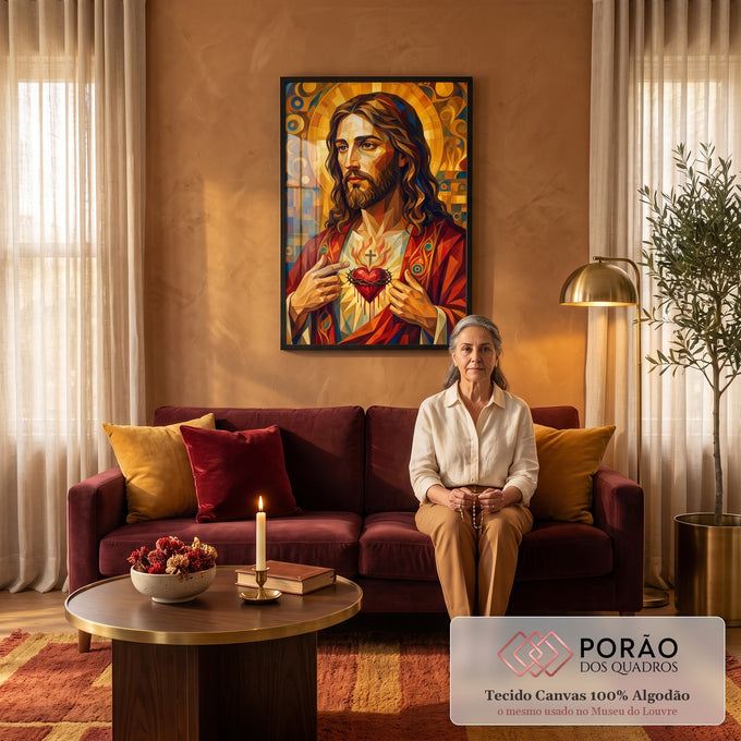 Quadro Decorativo Grande Sagrado Coração Cruz para Sala | quadros decorativos para sala de estar | Jesus Cristo com Sagrado Coração em chamas, estilo geométrico dourado e vermelho | em ambiente 3 | Porao dos Quadros