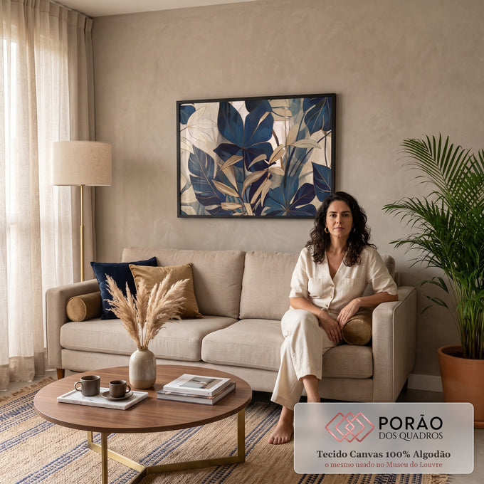 Folhas tropicais e monstera em azul marinho e bege com contornos dourados, quadro decorativo