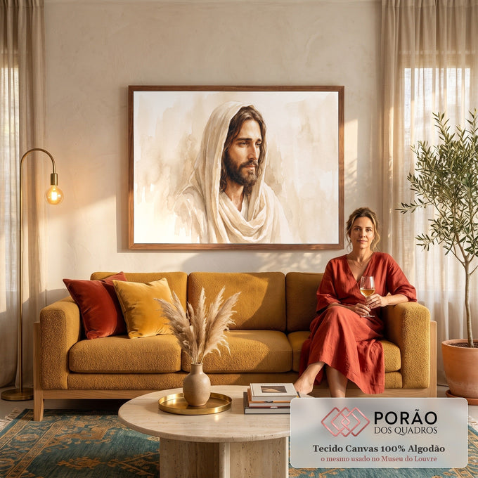 Quadro Decorativo Grande Jesus Cristo Manto Bege para Sala | quadros decorativos para sala de estar | retrato em aquarela de Jesus Cristo com manto bege e olhar sereno | em ambiente 3 | Porao dos Quadros