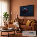 Ferrari F40 vermelha vista de trás, lanternas acesas e aerofólio em asfalto escuro ao anoitecer, quadro decorativo