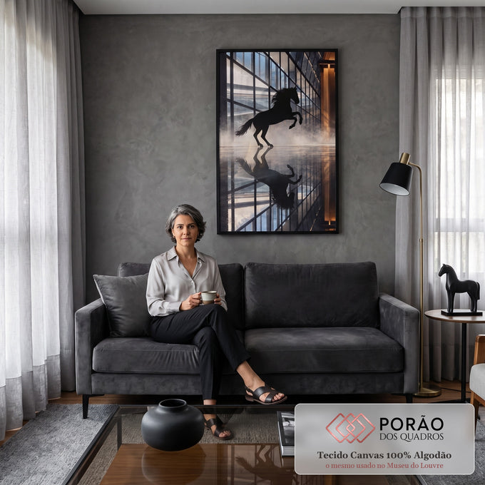 Silhueta preta de cavalo empinado com reflexo em piso espelhado de prédio de vidro e névoa, quadro decorativo