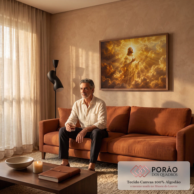 Jesus Cristo de túnica clara olhando para o céu entre nuvens douradas e raios de luz, quadro decorativo