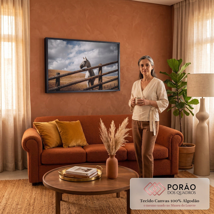 Cavalo branco atrás de cerca de madeira rústica, colinas secas e céu nublado ao fundo, quadro decorativo