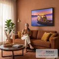 Jesus em pé no barco estendendo a mão aos discípulos em lago lilás ao pôr do sol, quadro decorativo