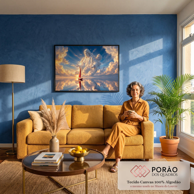 Jesus de braços abertos formado por nuvens douradas sobre o mar com veleiro vermelho, quadro decorativo